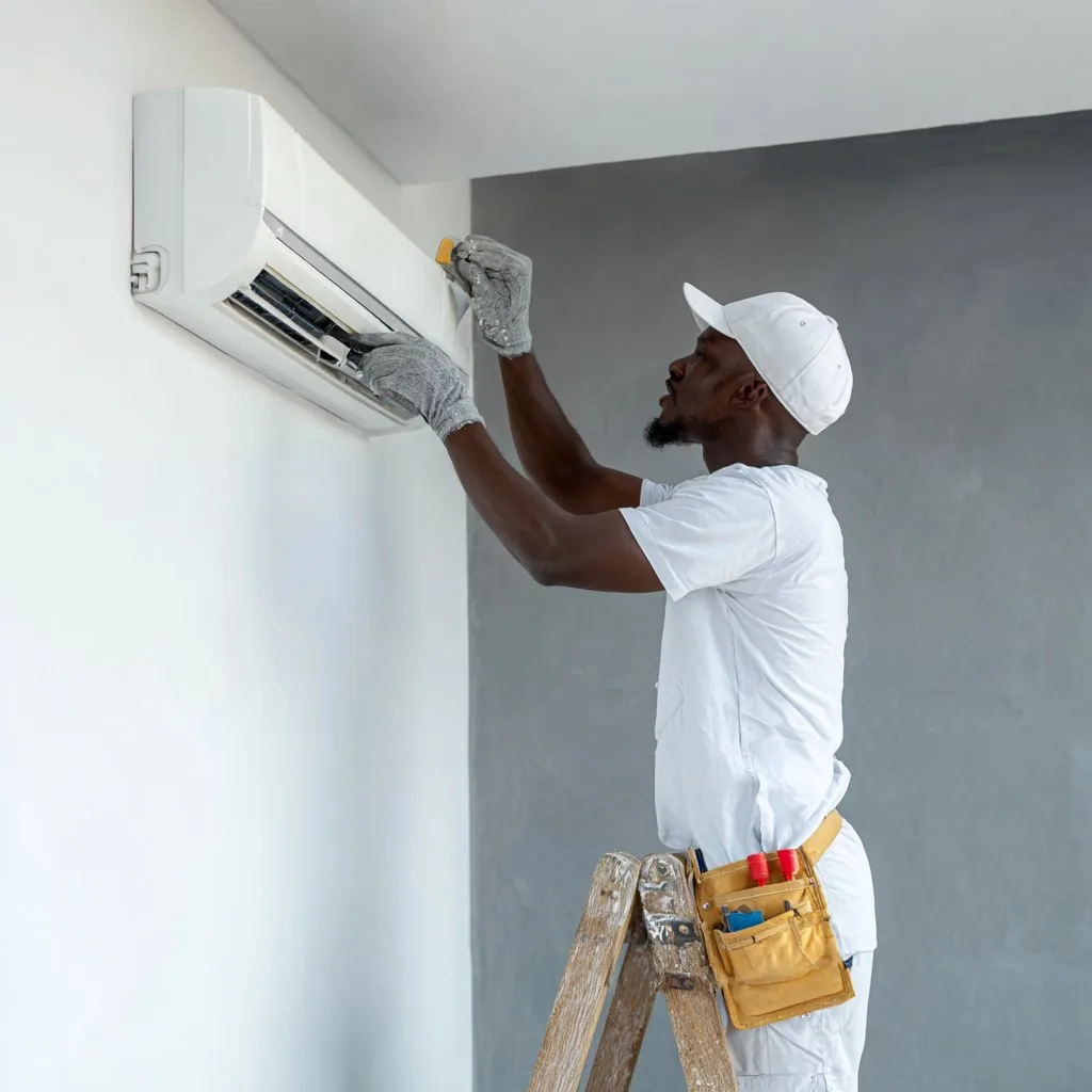 Technicien réparant un climatiseur split à Abidjan