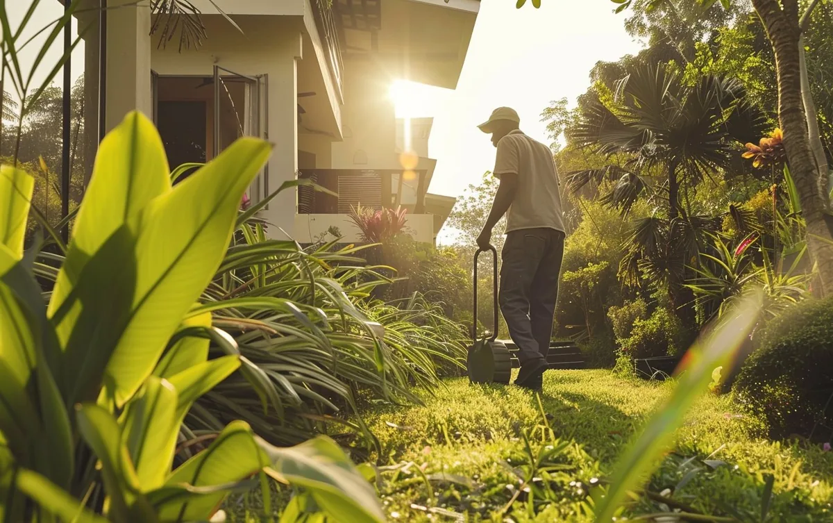 Jardinier entretenant un espace vert à Abidjan