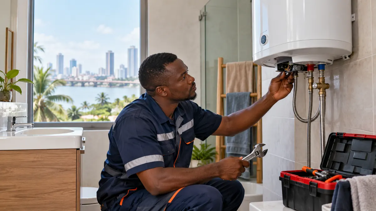 Plombier vérifiant un chauffe-eau électrique en panne dans une salle de bain à Abidjan