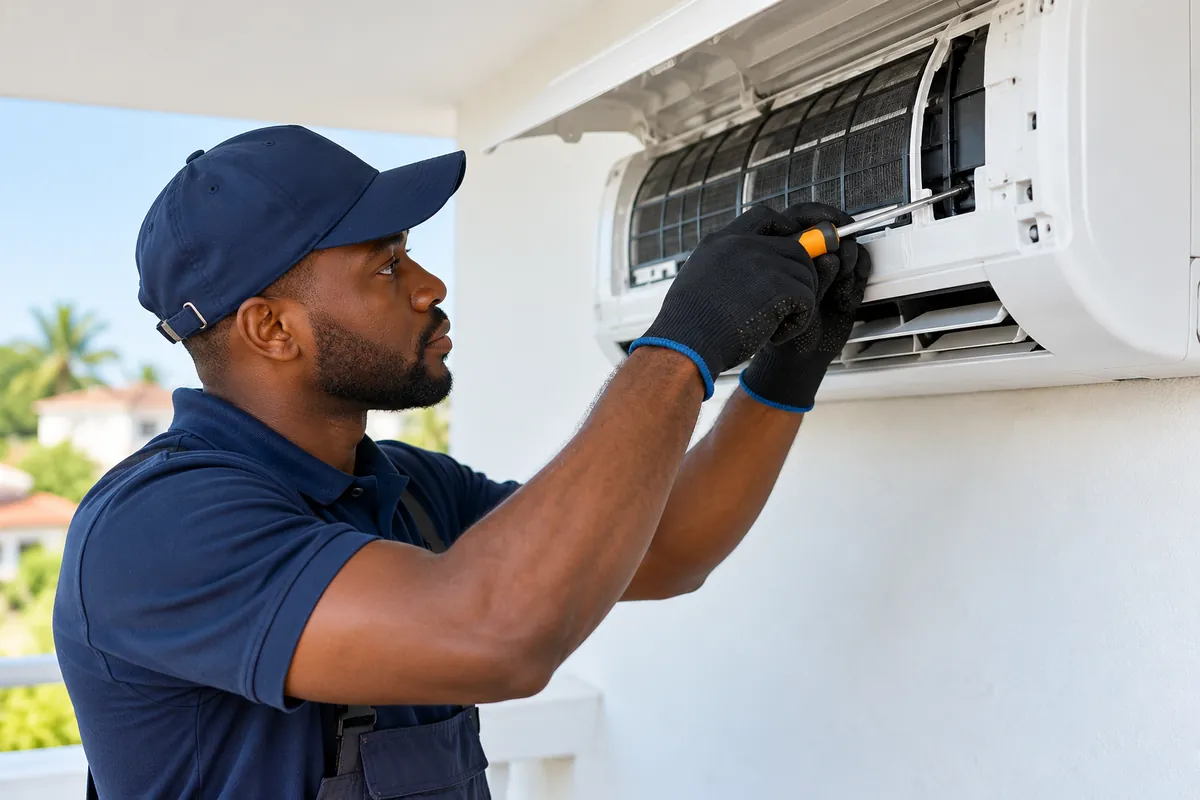 Technicien réparant un climatiseur à Abobo