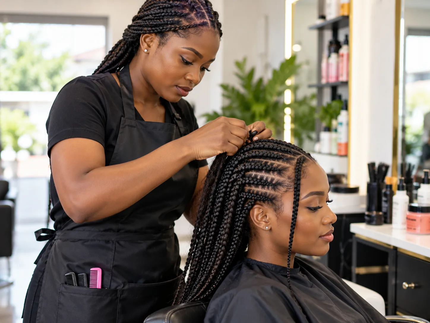 Coiffeuse réalisant des tresses sur une cliente à Cocody
