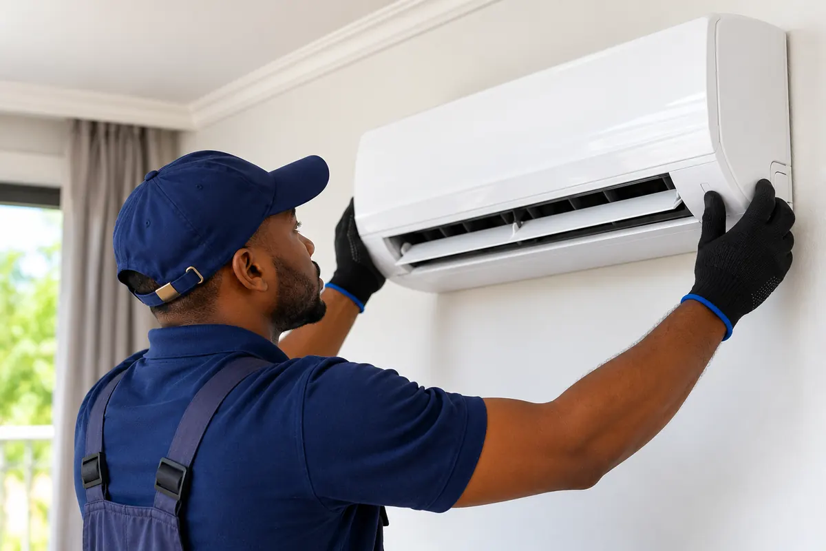 Technicien en train d’installer une climatisation split dans une maison à Abidjan